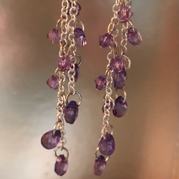 Silver Chain Purple Teardrop Long Earrings - Picture 3 of 6